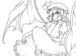  1girl back_bow bat_wings bow collared_shirt feet_out_of_frame frilled_headwear frilled_skirt frilled_sleeves frills gion_(irumi) greyscale hair_between_eyes hat hat_ribbon large_bow large_wings medium_hair mob_cap monochrome puffy_short_sleeves puffy_sleeves remilia_scarlet ribbon ribbon-trimmed_headwear ribbon_trim shirt short_sleeves simple_background skirt solo touhou wings 