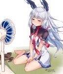  1girl blunt_bangs breasts closed_eyes dated dress electric_fan floating_headgear grey_hair hair_ribbon headgear highres izumikuma kantai_collection long_hair murakumo_(kancolle) murakumo_kai_ni_(kancolle) necktie one-hour_drawing_challenge pantyhose pantyhose_removed red_necktie ribbon sidelocks simple_background small_breasts solo tress_ribbon twitter_username white_background white_dress 
