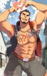  1boy abs alca_(wakatanka4) animal_ears bara belt black_hair black_vest chest_hair chest_tattoo cloud day double_finger_heart facial_hair grey_shorts gyee highres jewelry large_pectorals lion_boy lion_ears male_focus masapeko muscular muscular_male navel necklace nipples one_eye_closed open_clothes open_mouth open_vest orange_belt outdoors pectorals short_hair shorts sky smile solo tattoo twitter_username vest 