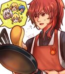  ...? apron black_shirt character_request collared_shirt diluc_(genshin_impact) flipping_food food genshin_impact highres kaeya_(genshin_impact) paimon_(genshin_impact) pancake red_apron shirt solo_focus sparkle spatula sweatdrop white_background xindi 