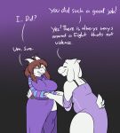  alternate_species anthro boss_monster bovid breasts brown_hair caprine clothing dialogue dress duo english_text female fingers frisk_(undertale) fur hair mammal robertge tail text toriel undertale undertale_(series) white_body white_fur 