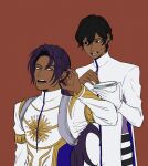 2boys arjuna_(fate) bhima_(fate) bhima_(second_ascension)_(fate) black_hair bowl brothers brown_background dark-skinned_male dark_skin fate/grand_order fate_(series) gr_msh hair_between_eyes highres holding holding_bowl long_hair long_sleeves looking_at_another male_focus multiple_boys muscular muscular_male ponytail purple_eyes purple_hair short_hair siblings simple_background upper_body 