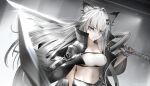  1girl animal_ears arknights bandeau black_jacket commentary_request grey_eyes grey_hair highres holding holding_sword holding_weapon jacket lappland_(arknights) long_hair looking_at_viewer midriff navel open_clothes open_jacket over_shoulder solo stomach strapless sword tube_top upper_body very_long_hair weapon weapon_over_shoulder wolf_ears yokaze_(yokajie) 