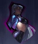  1girl asymmetrical_bangs between_breasts black_choker black_skirt blue_jacket breasts choker cone_hair_bun cropped_jacket dark_background demon demon_girl drop_earrings earrings evelynn_(league_of_legends) evil_smile from_side glowing glowing_eye hair_bun highres jacket jeremy_anninos jewelry league_of_legends long_hair medium_breasts o-ring open_clothes open_jacket revealing_clothes sideways_glance skirt smile solo strap_between_breasts the_baddest_evelynn upper_body very_long_hair white_hair 