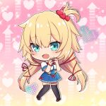  1girl akai_haato akai_haato_(1st_costume) black_thighhighs blonde_hair blue_eyes blue_skirt blush brown_footwear chibi collared_shirt hair_ornament hair_ribbon heart heart_hair_ornament heart_hands high-waist_skirt highres hololive looking_at_viewer ousawa_kanata red_ribbon ribbon shirt shoes skirt solo thighhighs twintails virtual_youtuber white_shirt 