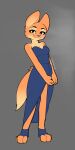  2023 anthro avenu blue_clothing blue_dress canid canine clothed clothing diane_foxington dreamworks dress eyebrow_piercing facial_piercing female fox full-length_portrait fur grey_background hi_res looking_at_viewer mammal orange_body orange_fur piercing portrait simple_background smile solo standing the_bad_guys 