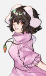  1girl :d animal_ears black_hair carrot_necklace commentary_request dress floppy_ears frills from_side hair_between_eyes highres inaba_tewi jewelry looking_at_viewer looking_to_the_side necklace nio_(meple_nio) one-hour_drawing_challenge open_mouth orange_eyes pink_dress puffy_short_sleeves puffy_sleeves rabbit_ears short_hair short_sleeves simple_background smile solo touhou upper_body white_background 