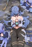  3girls absurdres ahoge arms_behind_back ass back bare_shoulders bdsm black_gloves blue_hair bondage bound bound_arms bound_wrists bow bow_(weapon) broken broken_weapon cicin_mage_(genshin_impact) cryo_cicin_mage_(genshin_impact) defeat ganyu_(genshin_impact) genshin_impact gloves goat_horns gold_trim highres horns long_hair lying mask multiple_girls on_stomach pantyhose red_rope restrained rope ryona shibari shibari_over_clothes sidelocks struggling thighlet torn_clothes ttptt weapon white_sleeves 