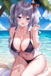  1girl :d absurdres beach bikini black_bikini blue_eyes blue_sky breasts cleavage collarbone commentary_request day grey_hair hair_ribbon hand_on_own_thigh hand_up highres himura_moritaka kantai_collection kashima_(kancolle) large_breasts long_hair looking_at_viewer navel ocean off_shoulder open_clothes open_shirt outdoors palm_tree ribbon shirt sitting sky smile solo swimsuit tree twintails wariza wet wet_clothes wet_shirt white_shirt 