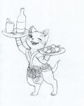  absurd_res ambiguous_gender belt beverage blush bottle capcom claws clothed clothing container cup feet felid felyne feral food go_(food) hi_res lynian mammal monster_hunter one_eye_closed rope smile solo standing tail traditional_media_(artwork) waiter waiter_tray wink yang_(artist) 