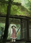  1girl animal_ears black_footwear broom closed_eyes dog_ears dress fang full_body green_hair haruaki_(onkai_planaria) holding holding_broom kasodani_kyouko long_sleeves open_mouth outdoors pink_dress shoes short_hair socks solo standing touhou white_socks 