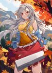  1girl absurdres autumn autumn_leaves bare_shoulders blue_sleeves closed_mouth collarbone day detached_sleeves dress feet_out_of_frame grey_hair highres holding holding_weapon leaf long_hair maple_leaf nata_(tool) orange_dress orchid_(orukido) outdoors red_dress red_eyes sakata_nemuno smile solo touhou weapon yellow_dress 