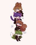  2boys 2girls ahoge animal_ears armband black_gloves black_jacket black_pants blue_eyes brown_eyes brown_hair cat_ears cat_tail chibi closed_eyes doha_(lob_dh) fox_ears fox_tail gloves green_hair hair_ornament hairband hairclip hod_(project_moon) jacket lobotomy_corporation long_hair malkuth_(project_moon) multiple_boys multiple_girls netzach_(project_moon) open_mouth orange_background pants project_moon purple_hair rabbit_ears rabbit_tail red_hairband simple_background sweat tail very_long_hair yellow_eyes yesod_(project_moon) 