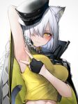  1girl absurdres animal_ear_fluff animal_ears arknights armpits black_gloves black_headwear blush breasts cat cat_tail chain delphine_(arknights) fingerless_gloves gloves grey_hair hair_over_one_eye hat highres looking_at_viewer presenting_armpit shirt short_hair simple_background solo spread_armpit tab_head tail upper_body white_background yellow_eyes yellow_shirt 
