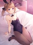  1girl arm_support bed blush bow bowtie breasts brown_hair cleavage covered_navel detached_collar e_(eokiba) hair_bow hairband highres leotard looking_at_viewer on_bed original pantyhose pillow playboy_bunny purple_eyes shoes small_breasts solo twintails 