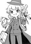  1girl alternate_costume briefcase buttons cowboy_shot crystal double-breasted flandre_scarlet greyscale grin gun hand_up handgun hat highres holding holding_gun holding_weapon jacket long_sleeves looking_at_viewer medium_hair monochrome necktie one_side_up oninamako pants shirt slit_pupils smile solo touhou weapon white_background white_shirt wings 