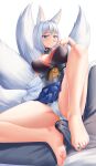 1boy 1girl absurdres animal_ears azur_lane barefoot blue_eyes blue_nails blue_skirt blunt_bangs breasts bulge cum cum_on_clothes erection erection_under_clothes feet footjob footjob_over_clothes foreshortening fox_ears fox_tail grey_pants hand_up hetero highres jewelry kaga_(azur_lane) knee_up large_breasts legs looking_at_viewer maozi_dan medium_hair microskirt multiple_tails nail_polish off_shoulder open_mouth out_of_frame panties pants ring sidelocks simple_background skirt soles swept_bangs tail thighs toenail_polish toenails toes two-footed_footjob underwear v white_panties 