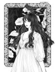  1girl animal_on_head arm_at_side bird breasts cleavage dated dress flower greyscale lemon89h lips long_hair looking_at_viewer medium_breasts monochrome on_head original outside_border solo upper_body 