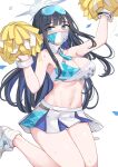  1girl arm_up armpits bare_shoulders black_hair blue_archive blue_eyes blue_hair breasts cheerleader cleavage colored_inner_hair cosplay criss-cross_halter crop_top goggles goggles_on_head halo halterneck hand_up hibiki_(blue_archive) hibiki_(blue_archive)_(cosplay) hibiki_(cheerleader)_(blue_archive) highres holding holding_pom_poms large_breasts leg_up long_hair looking_at_viewer mask midriff miniskirt mouth_mask multicolored_hair navel official_alternate_costume panties panty_peek pleated_skirt pom_pom_(cheerleading) saori_(blue_archive) shirt shoes simple_background skirt sleeveless sleeveless_shirt sneakers solo stomach sweat thighs two-tone_hair two-tone_shirt underwear white_background white_footwear white_shirt white_skirt wing_collar wrist_cuffs yougen_kitsune 