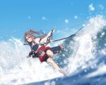  1girl absurdres arrow_(projectile) blue_sky bow_(weapon) day flight_deck grey_eyes grey_hair hachimaki hakama hakama_shorts headband high_ponytail highres holding holding_bow_(weapon) holding_weapon japanese_clothes kantai_collection long_hair muneate neve_(morris-minicooper) ocean outdoors quiver red_hakama rigging shorts sky solo standing standing_on_liquid standing_on_one_leg waves weapon yumi_(bow) zuihou_(kancolle) 