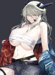  1girl alternate_costume artoria_pendragon_(fate) artoria_pendragon_(lancer_alter)_(fate) bandages belt blue_jacket braid breasts cleavage collarbone fate/grand_order fate_(series) french_braid grey_hair grey_skirt hair_between_eyes horns jacket jewelry large_breasts long_hair long_sleeves looking_at_viewer midriff minami_koyogi navel necklace off_shoulder open_clothes open_jacket sarashi sidelocks skirt solo thigh_strap thighs yellow_eyes 