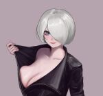  1girl angel_(kof) blue_eyes booger_wang breasts cleavage collarbone commentary_request grey_background hair_over_one_eye highres holding jacket leather leather_jacket lips long_sleeves looking_at_viewer medium_breasts open_clothes pale_skin parted_lips short_hair simple_background solo the_king_of_fighters upper_body white_hair zipper 