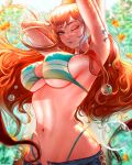  1girl arms_behind_head bra breasts brown_eyes denim green_bra highres jeans large_breasts long_hair looking_at_viewer mcdobo nami_(one_piece) navel one_eye_closed one_piece orange_hair pants panty_straps solo underwear 