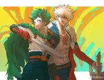  2boys abs abstract_background absurdres alternate_universe arm_at_side bakugou_katsuki belt belt_buckle blonde_hair blue_jacket blue_pants boku_no_hero_academia brown_belt buckle cape chinese_commentary closed_mouth collarbone commentary_request cropped_jacket detached_sleeves ear_piercing floating_cape freckles fur-trimmed_jacket fur-trimmed_pants fur_trim gloves gradient_background green_background green_cape green_eyes green_hair grey_shirt grin hand_up high-waist_pants high_collar highres holding holding_sword holding_weapon jacket jewelry letterboxed looking_at_viewer looking_to_the_side male_focus midoriya_izuku multiple_belts multiple_boys multiple_piercings navel necklace no_shirt official_alternate_costume open_collar open_fly orange_cape outside_border outstretched_arm pants partially_unbuttoned piercing profile red_belt red_eyes red_gloves scar scar_on_chest scar_on_leg shirt short_hair short_sword side-by-side sidelighting sideways_glance sideways_mouth single_shoulder_pad smile spiked_hair sword toggles toned toned_male torn_cape torn_clothes turning_head upper_body weapon weibo_logo weibo_username yellow_background yellow_brooch ykkiyo 