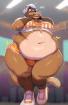  2022 anthro areola bear belly belly_overhang big_belly big_moobs blurred_background blush bottomwear brown_body bulge burger clothing crop_top crunch deep_navel detailed_background detailed_bulge eating embarrassed english_text food footwear full-length_portrait gloves_(marking) hair hooters hooters_uniform hotpants huge_hips huge_thighs inside leg_markings looking_at_self looking_down love_handles male mammal markings moobs navel nipple_outline obese obese_anthro obese_male onomatopoeia overweight overweight_anthro overweight_male pantheradraws portrait restaurant shirt shoes shorts silver_hair socks_(marking) solo sound_effects speech_bubble standing surprise tan_body text thick_thighs tight_clothing topwear unknown_character weight_gain 