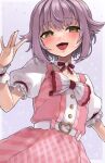  1girl \||/ absurdres belt_buckle blush bracelet buckle collarbone highres idolmaster idolmaster_cinderella_girls jewelry koshimizu_sachiko looking_at_viewer puffy_short_sleeves puffy_sleeves purple_hair saba_suzuki short_sleeves smile solo sparkle_background two-tone_dress 