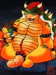  3:4 anthro ball_squish balls bedroom_eyes bowser bracelet eyebrows flaccid genitals hi_res jewelry lava looking_at_viewer male mario_bros musclegut narrowed_eyes nintendo pecs penis presenting presenting_penis reptile ruetteroulette scalie seductive solo spiked_bracelet spikes squish thick_eyebrows thick_penis thick_thighs tortoise turtle 