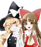  2girls ascot bare_shoulders black_headwear black_vest blonde_hair blush_stickers bow brown_eyes brown_hair buttons chest_sarashi collar collared_vest commentary_request detached_sleeves frilled_bow frilled_collar frilled_hair_tubes frills gohei hair_bow hair_tubes hakurei_reimu hat hat_bow head_tilt holding holding_gohei kirisame_marisa long_sleeves looking_at_viewer midriff multiple_girls one_eye_closed open_mouth puffy_short_sleeves puffy_sleeves red_bow red_vest ribbon-trimmed_collar ribbon-trimmed_sleeves ribbon_trim sarashi shirt short_sleeves sidelocks smile suzune_hapinesu teeth touhou turtleneck upper_body vest wavy_hair white_background white_bow white_collar white_shirt white_sleeves wide_sleeves witch_hat yellow_ascot yellow_eyes 