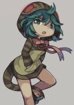  1girl aqua_hair bow geta grey_eyes hands_in_pockets hood hoodie kemono_friends long_sleeves neonraizu open_mouth red_bow short_hair simple_background snake_print snake_tail solo striped striped_hoodie striped_tail tail tsuchinoko_(kemono_friends) 
