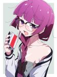  1girl absurdres alcohol_carton bespectacled black_bow black_nails bocchi_the_rock! bow braid collarbone commentary dress ear_piercing earrings glasses goumonsha hair_bow highres hiroi_kikuri holding_carton jewelry long_hair open_mouth piercing purple_eyes purple_hair solo strap_slip stud_earrings symbol-only_commentary 