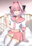  1boy astolfo_(fate) astolfo_(sailor_paladin)_(fate) baby_bottle between_legs blush bottle braid braided_ponytail fang fate/apocrypha fate_(series) highres holding_rattle kitajima_yuuki long_hair looking_at_viewer navel necktie otoko_no_ko pink_hair pink_necktie pink_sailor_collar pink_skirt ponytail purple_eyes sailor_collar shirt skin_fang skirt smile solo thighhighs white_hair white_shirt white_thighhighs 