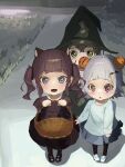  3girls aged_down animal_ears basket bat_hair_ornament black_headwear blue_shirt blue_skirt blunt_bangs cat_ears cevio child commentary double_bun dress foreshortening furrowed_brow grass green_dress green_eyes grey_hair hair_bun hair_ornament halloween halloween_costume hanakuma_chifuyu hat highres holding holding_basket iki_(kusaikire) jack-o&#039;-lantern jack-o&#039;-lantern_hair_ornament koharu_rikka light_blush light_smile looking_at_viewer multiple_girls natsuki_karin night open_mouth outstretched_arms pleated_skirt purple_dress purple_eyes purple_hair road shirt short_hair skirt skirt_hold street synthesizer_v trick_or_treat twintails wicker_basket witch_hat 