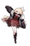  122pxsheol 1girl :d absurdres black_footwear black_jacket blonde_hair boots bow choker cross cross_choker dress fur-trimmed_jacket fur_trim hair_bow highres jacket long_hair looking_at_viewer one_eye_closed original red_dress red_eyes simple_background smile solo white_background white_bow 