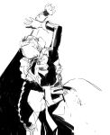  1girl apron arms_up braid commentary dress english_commentary greyscale highres kgeroua long_hair long_sleeves maid maid_apron maid_headdress monochrome original profile single_braid sketch solo 