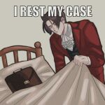  1boy ace_attorney ascot bed black_vest brown_hair closed_eyes closed_mouth covering_with_blanket drenacocrom english_text frilled_ascot frills grey_background hair_intakes highres impact_(font) jacket lapels layered_sleeves long_sleeves male_focus miles_edgeworth pillow red_jacket red_suit shirt short_hair solo suit suit_jacket suitcase three-piece_suit too_literal vest white_ascot white_shirt 