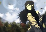  1girl adventure_time black_hair cloud cloudy_sky grey_sky hair_between_eyes highres leaf long_hair marceline_abadeer no_nose off_shoulder pointy_ears shadow sky solo tree upper_body yum3yum1 