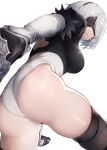  1girl 2b_(nier:automata) absurdres ass back_cutout black_gloves black_hairband blindfold breasts clothing_cutout feather-trimmed_sleeves gloves hairband highres juliet_sleeves katana large_breasts leotard long_sleeves megu_(pixiv9460065) mole mole_under_mouth nier:automata nier_(series) puffy_sleeves short_hair solo swept_bangs sword thighhighs thighs virtuous_contract weapon white_hair white_leotard 