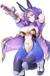  1girl alternate_costume animal_ears arm_cannon boku_no_hero_academia breasts center_opening closed_mouth commentary english_commentary fake_animal_ears highres hot_vr kneeling lady_nagant large_breasts looking_at_viewer multicolored_hair navel patreon_username purple_eyes purple_hair rabbit_ears shoes short_hair simple_background smile solo two-tone_hair weapon white_background white_footwear 