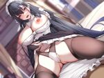  1boy 1girl :d ass_visible_through_thighs black_hair blurry blurry_background blush breasts bridal_gauntlets commentary_request hair_ornament hairclip indoors kazuha_(saku_kn) large_breasts long_hair looking_at_viewer maid_headdress navel nipples open_mouth original panties purple_eyes smile solo_focus thighs underwear white_headwear 