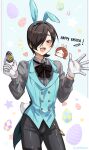  1boy animal_ears bishounen black_bow black_hair black_pants blue_eyeshadow blue_vest blush bow easter_egg egg eyeshadow fake_animal_ears fake_tail gloves grey_shirt hair_over_one_eye happy_easter heart highres holding holding_egg kurosu_jun long_sleeves looking_at_viewer makeup male_focus open_mouth pants persona persona_2 rabbit_ears rabbit_tail red_eyes risuko.exe_(artist) shirt short_hair shout_lines simple_background smile solo suou_tatsuya tail vest waistcoat wallet_chain white_gloves 