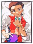  2boys :d ace_attorney apollo_justice aqua_necktie bed_sheet blush blush_stickers border brown_eyes brown_hair buttons collared_shirt fingernails grgrton hand_up holding_another&#039;s_wrist klavier_gavin lapels layered_sleeves long_sleeves looking_at_viewer lying multiple_boys necktie on_back open_mouth pov pov_hands purple_sleeves red_vest removing_necktie shirt sleeves_rolled_up smile solo_focus thumb_ring v vest white_border white_shirt yaoi 