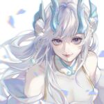  1girl absurdres beiqingluoshicaicai blue_horns fins head_fins highres horns long_hair looking_at_viewer pearl_hair_ornament purple_eyes shell_hair_ornament sleeveless smile solo wangzhe_rongyao white_hair xishi 