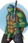  3_fingers anthro bakameganekko balls blue_background blue_eyes bottomwear clothed clothing digital_media_(artwork) fingers genitals green_body green_skin hi_res humanoid humanoid_genitalia humanoid_penis katana leonardo_(tmnt) looking_at_viewer male mask melee_weapon muscular pants penis reptile scalie shell simple_background smile solo sword tail tattoo teenage_mutant_ninja_turtles teenage_mutant_ninja_turtles_(2014) turtle weapon white_background 