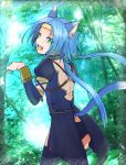  1girl animal_ears ass blue_hair cat_ears cat_tail green_eyes highres jewelry kazuwaya long_hair looking_at_viewer low_twintails meracle_chamlotte open_mouth panties smile solo star_ocean star_ocean_the_last_hope tail thighhighs tree twintails underwear 