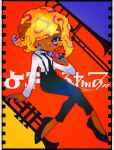  1girl absurdres black_footwear black_pants character_request collared_shirt dark-skinned_female dark_skin end_(7_d_w) highres instrument long_sleeves looking_at_viewer multicolored_background multicolored_hair orange_hair pants purple_eyes shirt shirt_tucked_in shoes smile solo splatoon_(series) splatoon_3 suspenders trombone trumpet white_shirt 