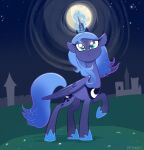  blue_body blue_eyes blue_fur blue_theme equid equine feo_ul friendship_is_magic full_moon fur grass hasbro hi_res horn horseshoe looking_up mammal moon my_little_pony pfeffaroo plant princess_luna_(mlp) solo sparkles winged_unicorn wings 